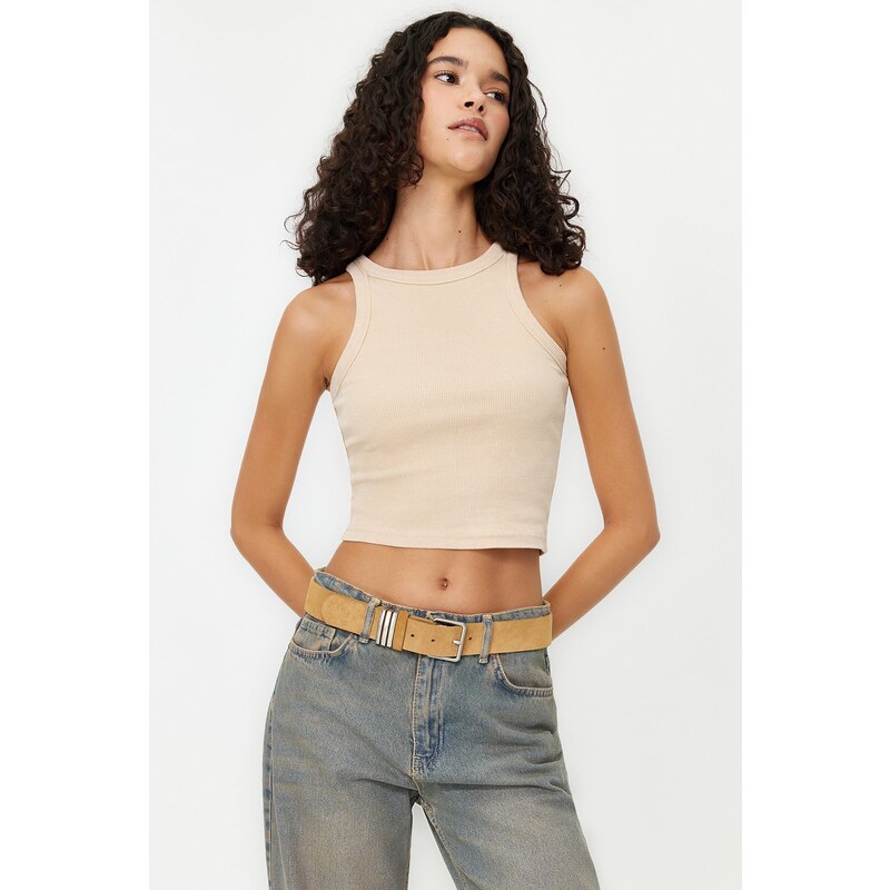 Trendyol Beige Antique/Faded Effect Crop Fitted Halter Neck Cotton Stretchy Knitted Knitted Undershirt