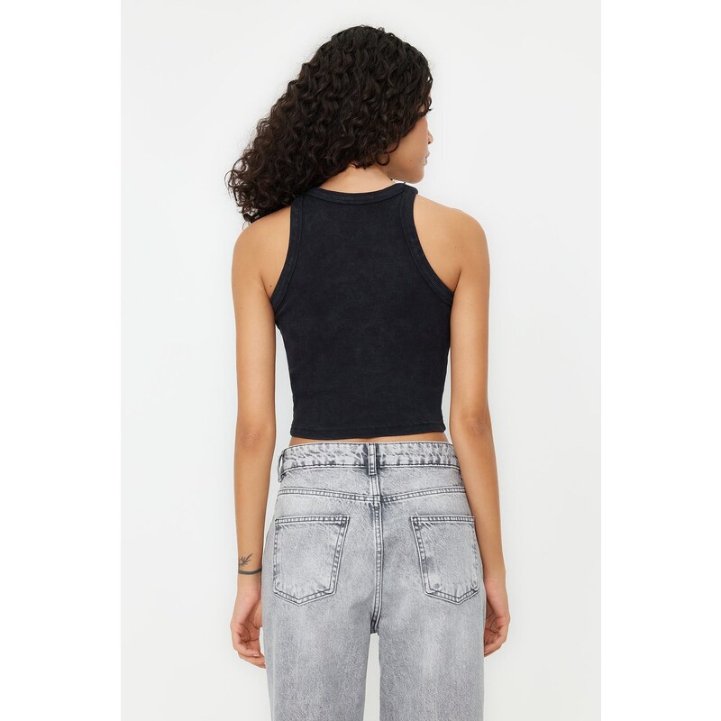 Trendyol Black Antique/Pale Effect Crop Fitted Barbell Collar Cotton Flexible Knitted Tank Top