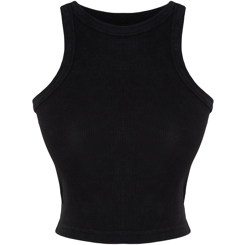 Trendyol Black Antique/Pale Effect Crop Fitted Barbell Collar Cotton Flexible Knitted Tank Top