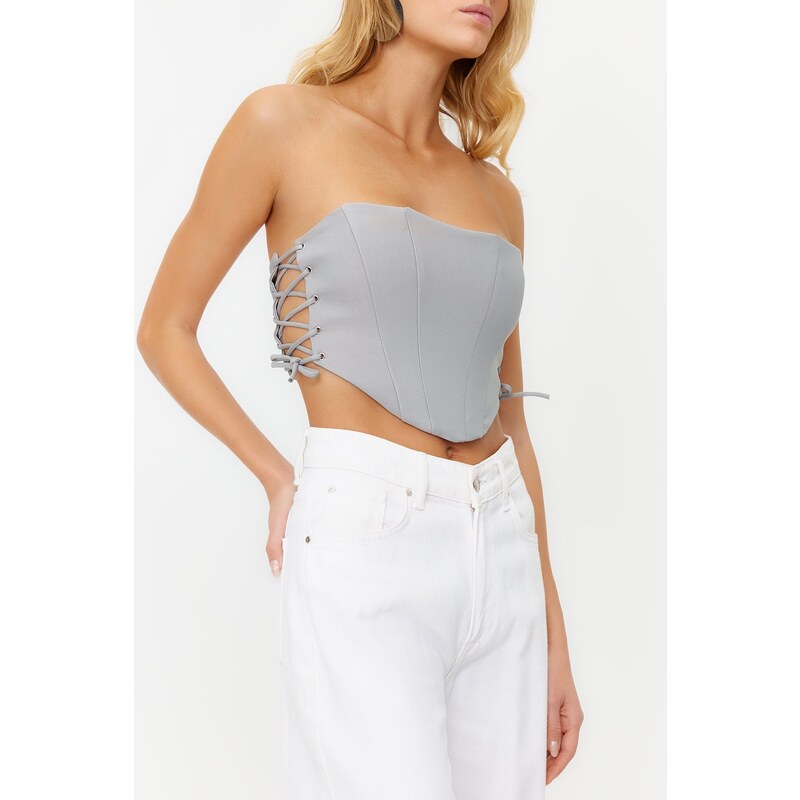 Trendyol Gray Crop Lined Woven Tie Bustier