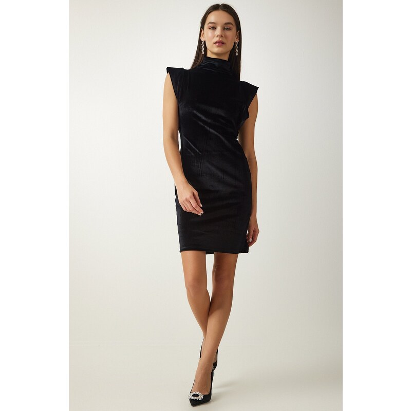 Happiness İstanbul Women's Black High Collar Stylish Velvet Dress