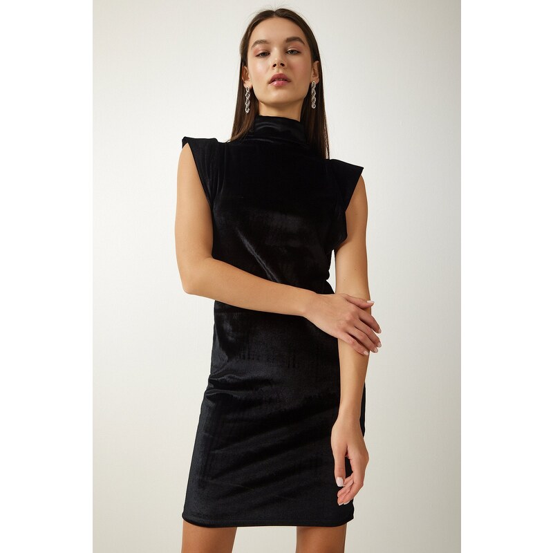 Happiness İstanbul Women's Black High Collar Stylish Velvet Dress