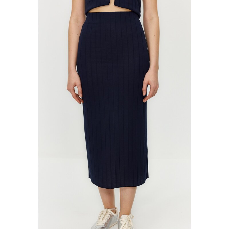 Trendyol Navy Blue Ribbed Button Detailed Stretchy Midi Skirt Knitted Bottom-Top Set