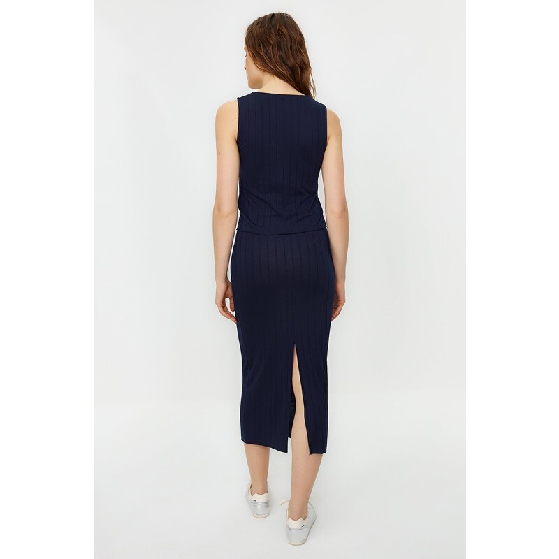 Trendyol Navy Blue Ribbed Button Detailed Stretchy Midi Skirt Knitted Bottom-Top Set