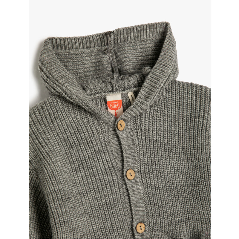 Koton Hooded Knit Cardigan Button Closure Pocket Detailed