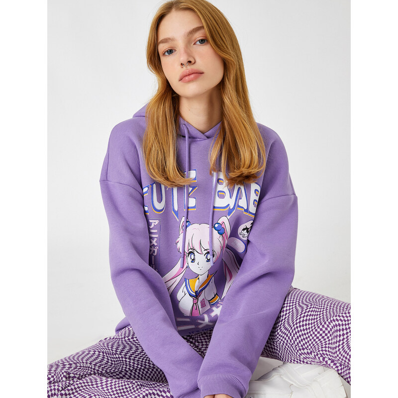 Koton Oversize Anime Sweatshirt Hooded Inner Fleece