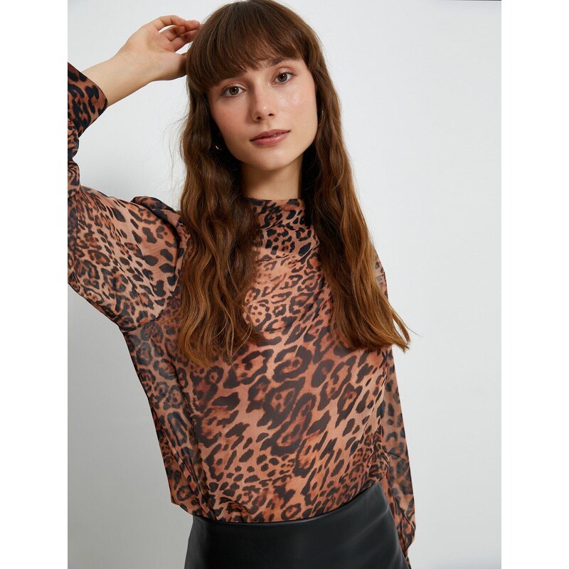 Koton Chiffon blouse Leopard Patterned Draped Collar Balloon Sleeve