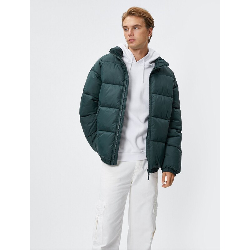 Koton Puffer Coat High Neck Zippered Label Printed Pocket Detailed