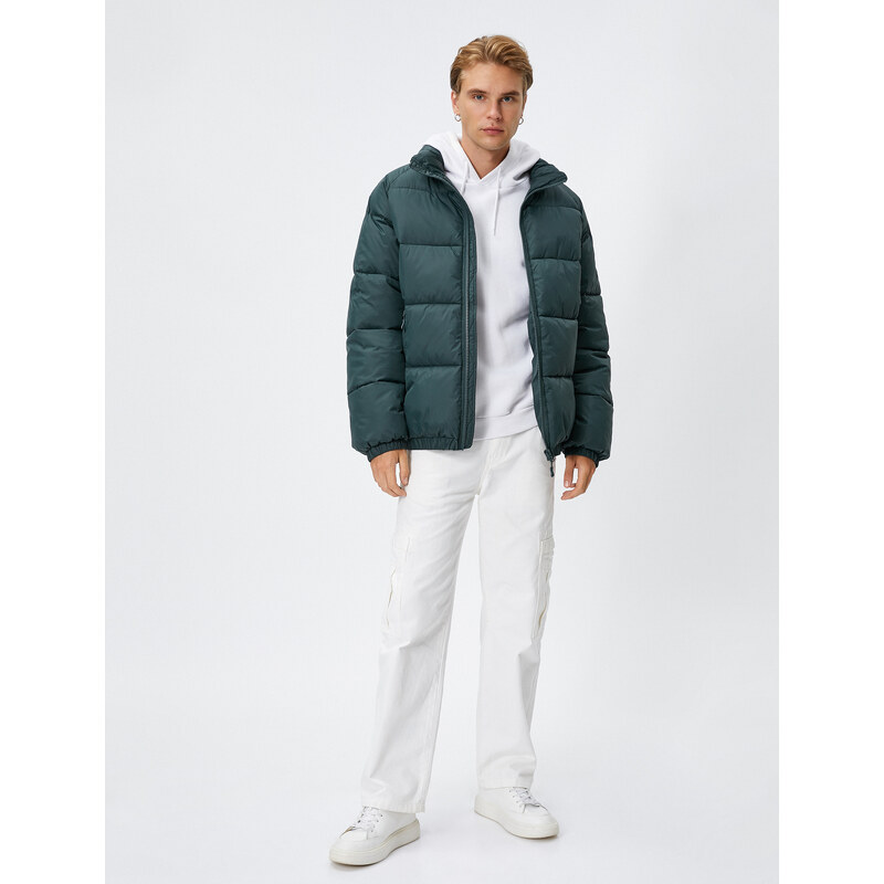 Koton Puffer Coat High Neck Zippered Label Printed Pocket Detailed