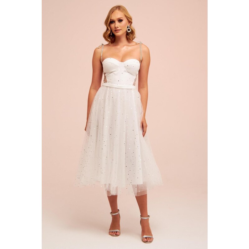 Carmen Ecru Tulle Strap Star Princess Midi Wedding Dress