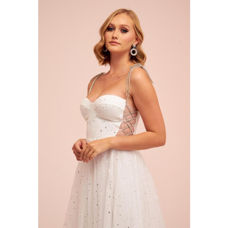 Carmen Ecru Tulle Strap Star Princess Midi Wedding Dress