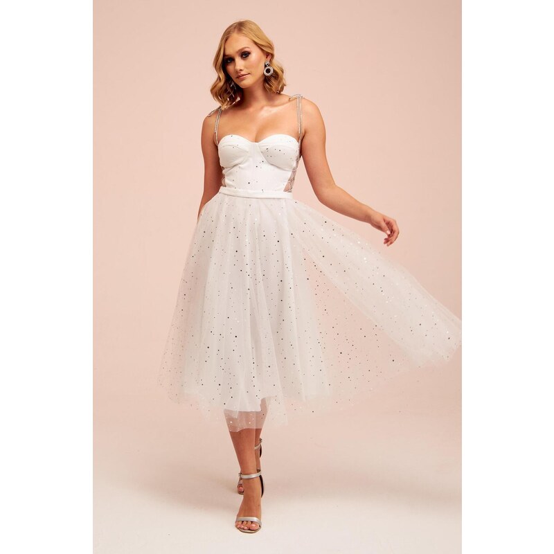 Carmen Ecru Tulle Strap Star Princess Midi Wedding Dress