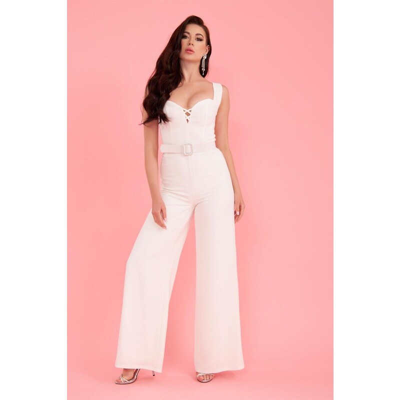 Carmen Ecru Crepe Belted Long Jumpsuit