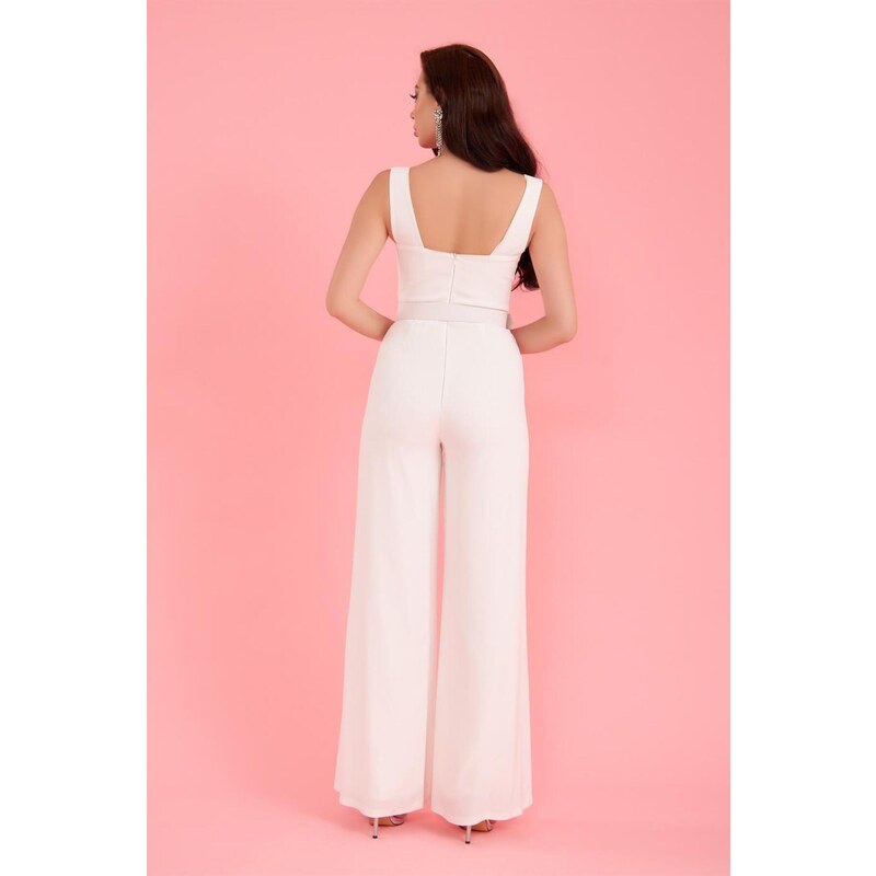 Carmen Ecru Crepe Belted Long Jumpsuit