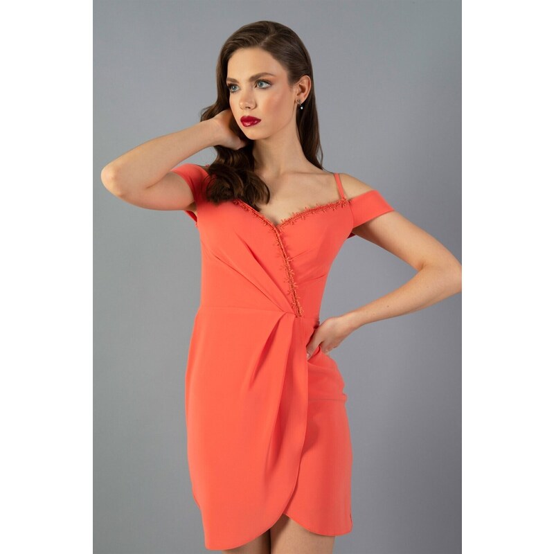 Carmen Salmon Crepe Strappy Double Breasted Short Evening Dress