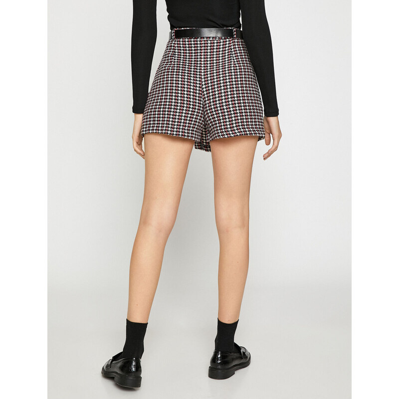 Koton Mini Shorts Skirt with Belt Detail Houndstooth Pattern