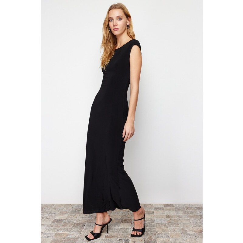 Trendyol Black Decollete Decollete Fitted Maxi Elastic Knitted Maxi Dress