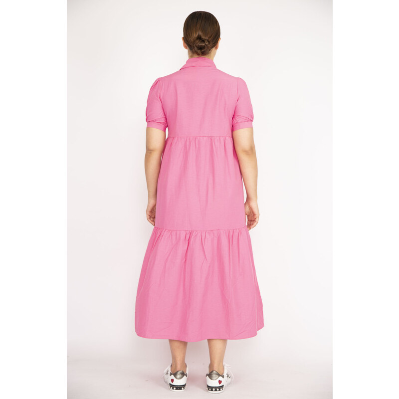 Şans Women's Plus Size Pink Poplin Fabric Front Buttoned Dress
