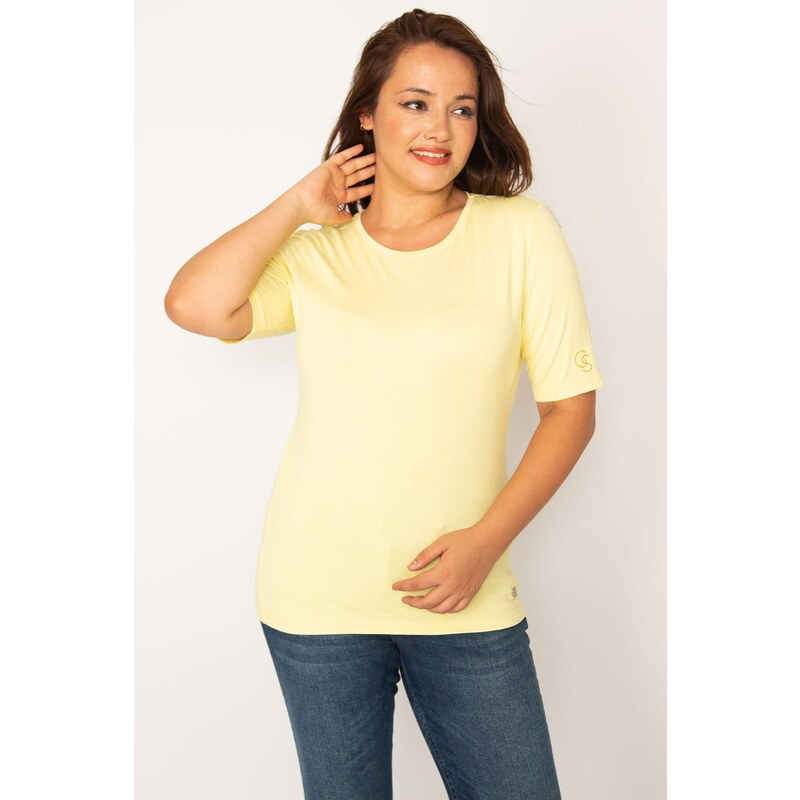 Şans Women's Plus Size Yellow Crew Neck Short Sleeve Blouse