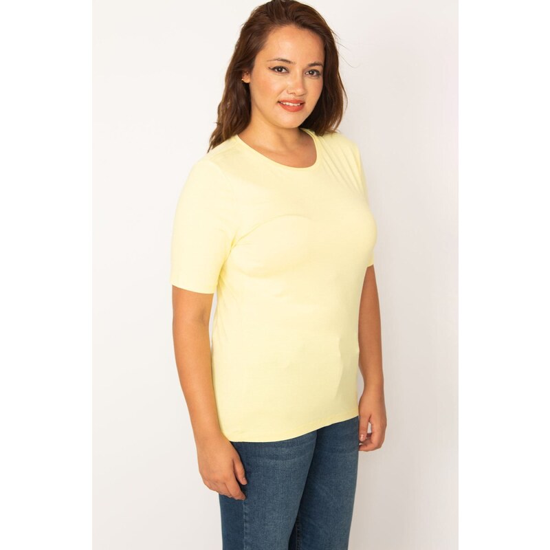 Şans Women's Plus Size Yellow Crew Neck Short Sleeve Blouse