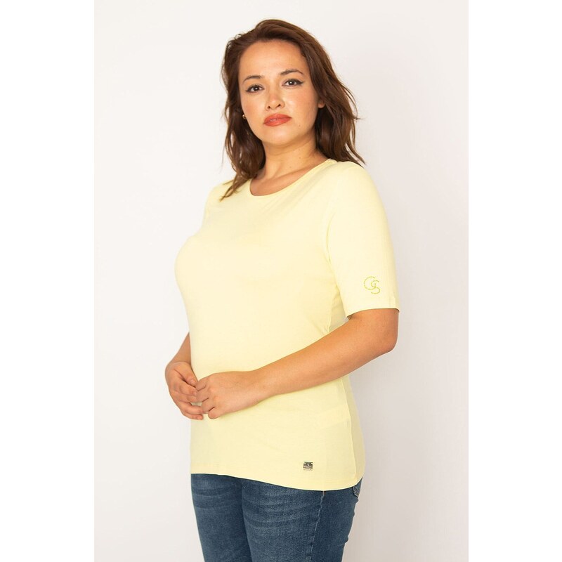 Şans Women's Plus Size Yellow Crew Neck Short Sleeve Blouse