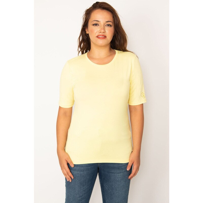 Şans Women's Plus Size Yellow Crew Neck Short Sleeve Blouse