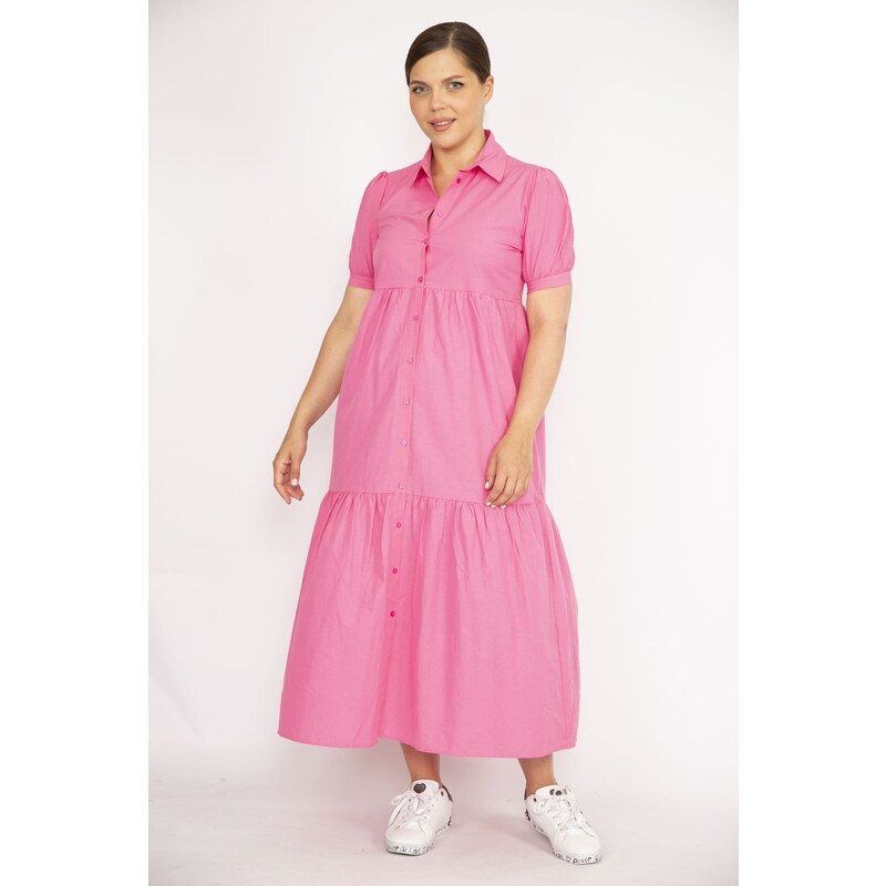 Şans Women's Plus Size Pink Poplin Fabric Front Buttoned Dress