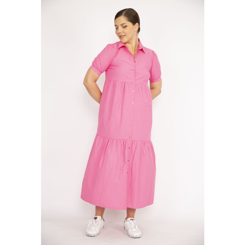 Şans Women's Plus Size Pink Poplin Fabric Front Buttoned Dress
