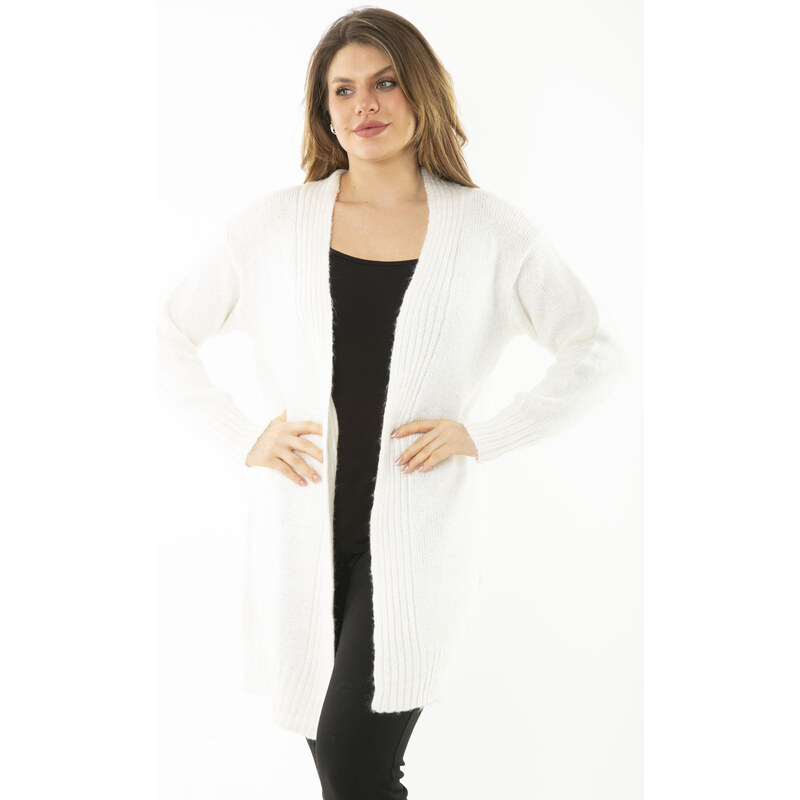 Şans Women's Large Size Bone Knitwear Thick Cardigan