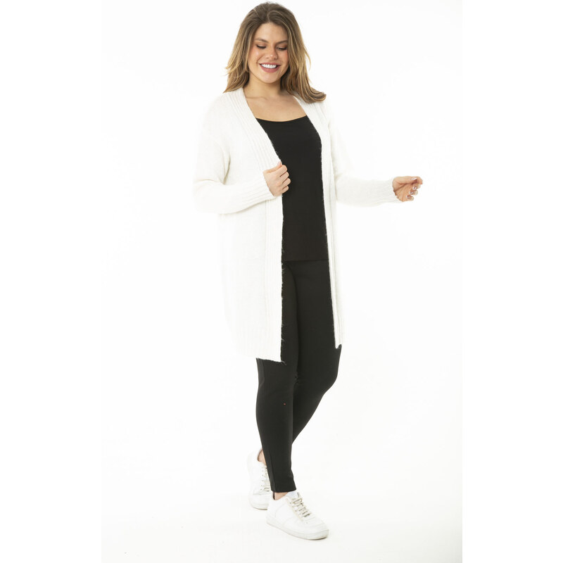 Şans Women's Large Size Bone Knitwear Thick Cardigan