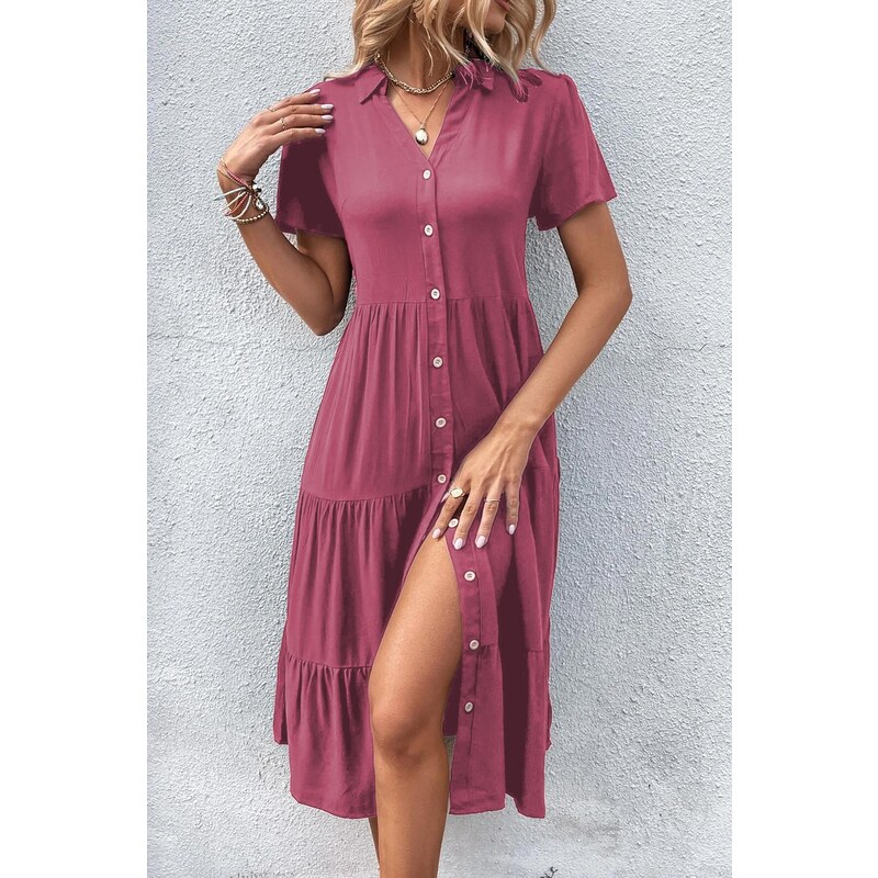 Madmext Burgundy Shirt Collar Long Dress