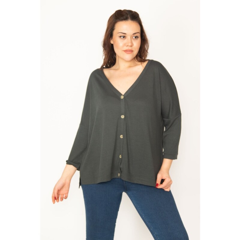 Şans Women's Plus Size Smoked Colored Cardigan with Front Buttons, V-neck