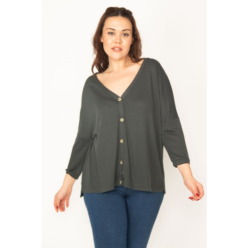 Şans Women's Plus Size Smoked Colored Cardigan with Front Buttons, V-neck