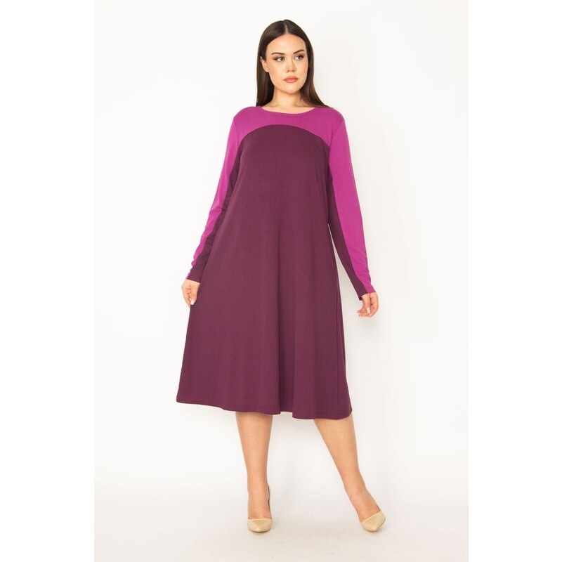 Şans Women's Plus Size Damson Robe And Sleeve Color Combined Long Dress