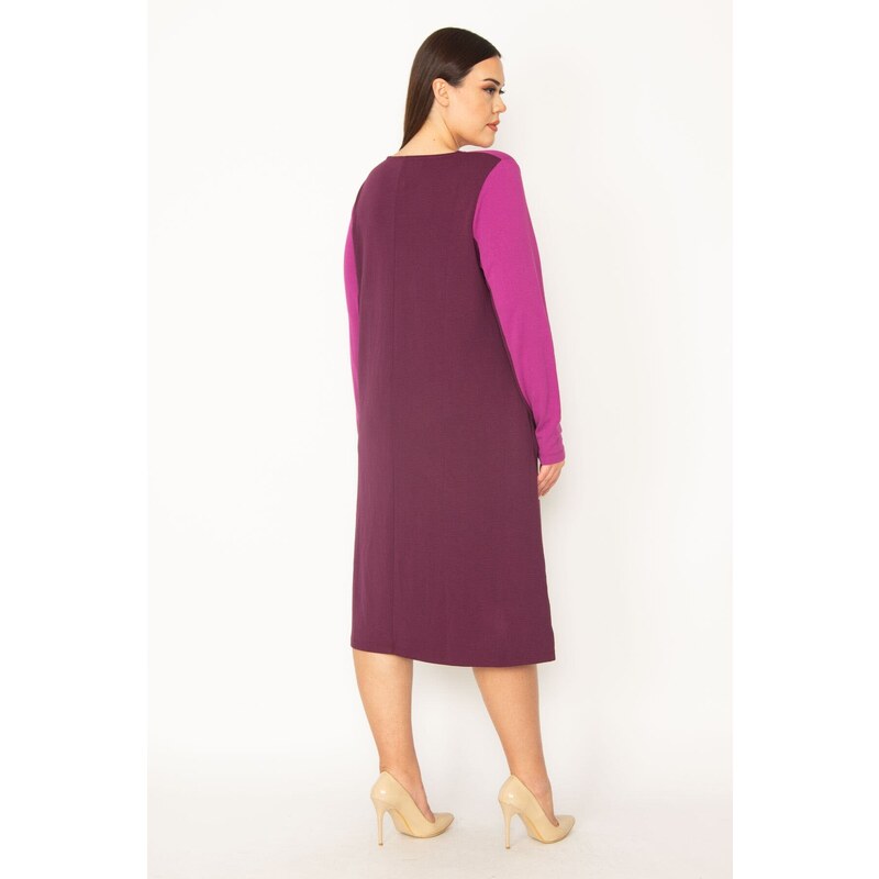 Şans Women's Plus Size Damson Robe And Sleeve Color Combined Long Dress