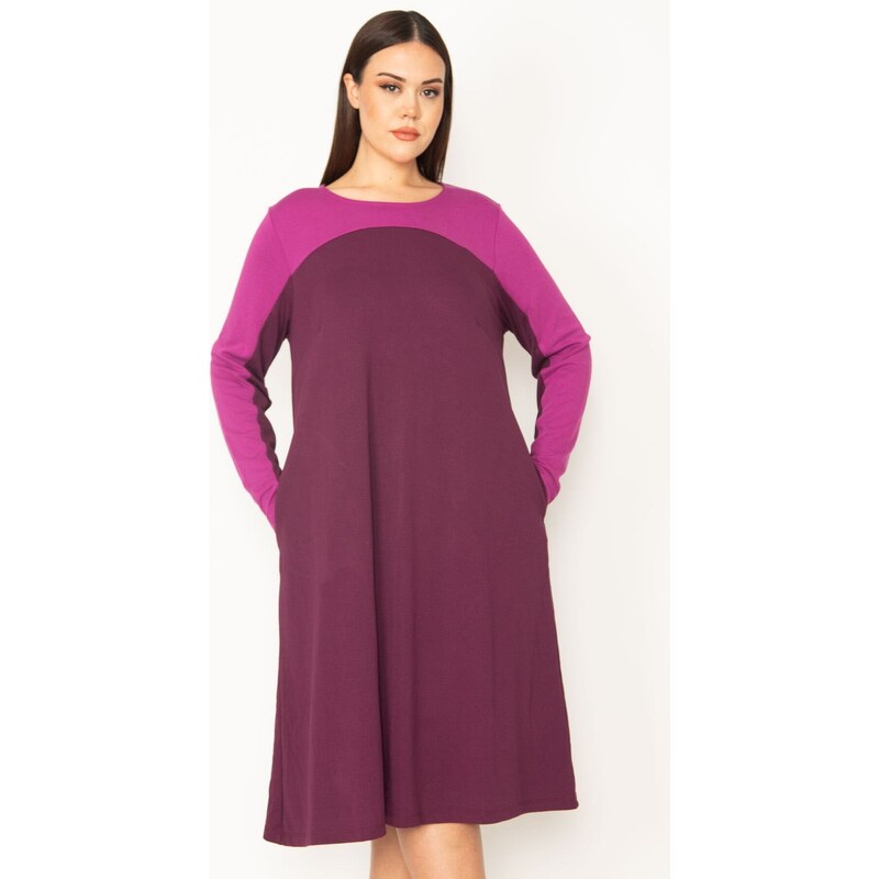 Şans Women's Plus Size Damson Robe And Sleeve Color Combined Long Dress