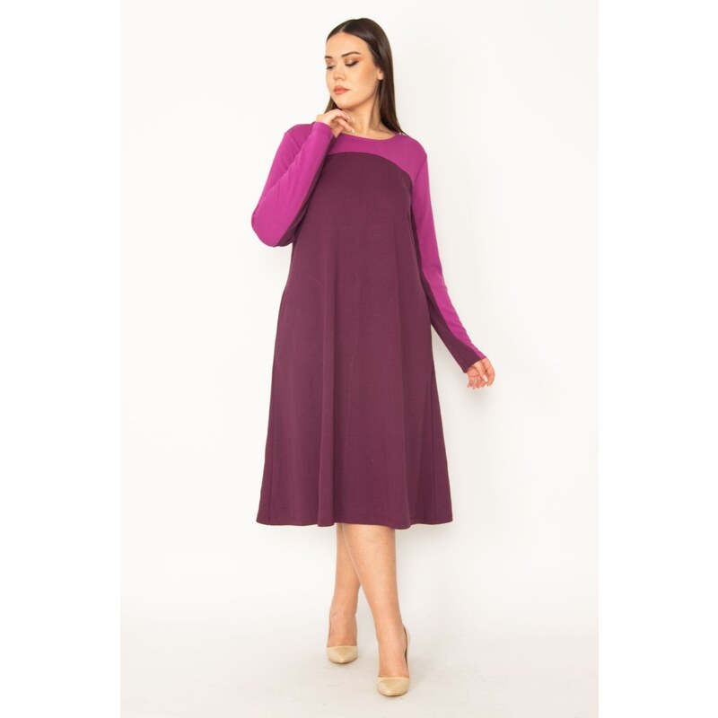 Şans Women's Plus Size Damson Robe And Sleeve Color Combined Long Dress