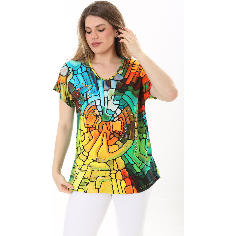 Şans Women's Plus Size Colored Stone Detailed Short Sleeve Colored Blouse