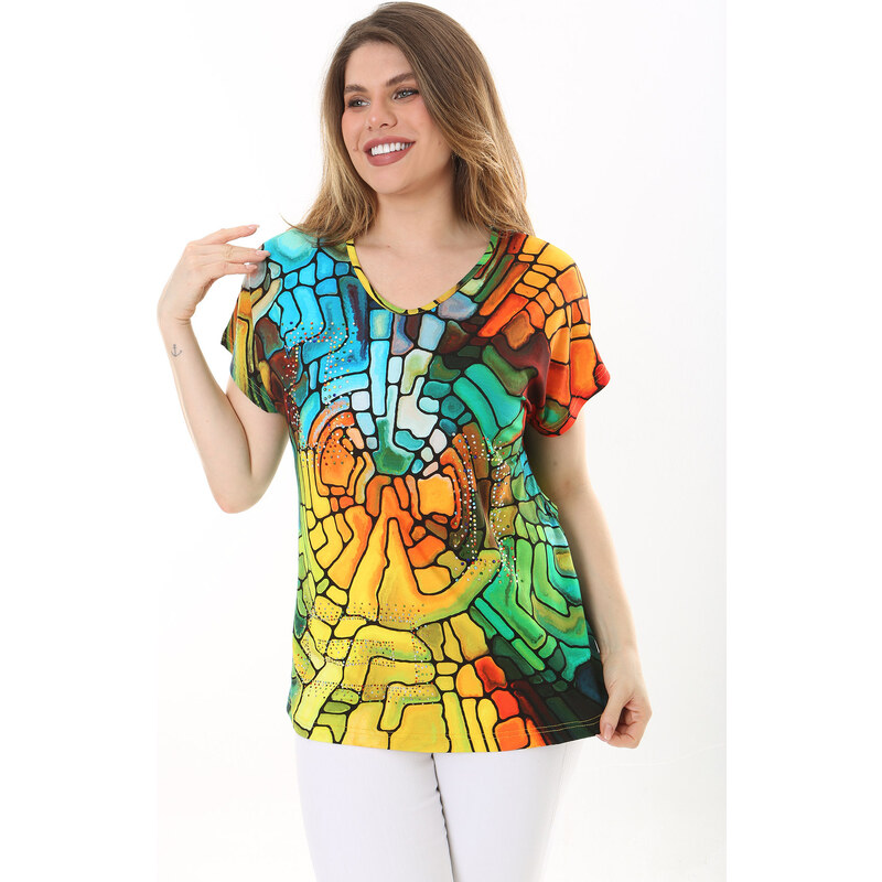 Şans Women's Plus Size Colored Stone Detailed Short Sleeve Colored Blouse