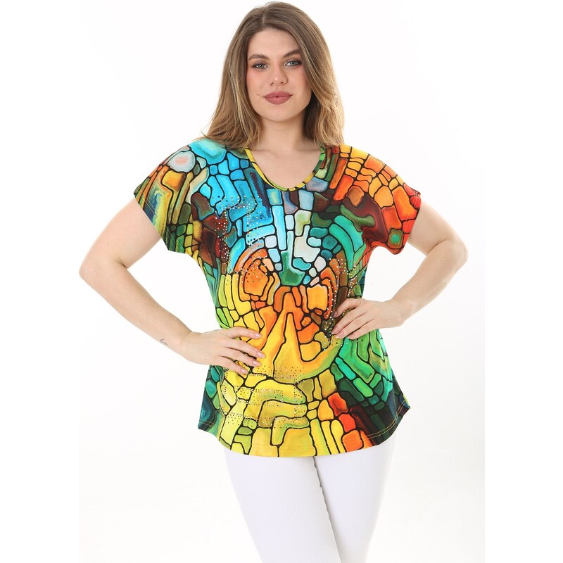 Şans Women's Plus Size Colored Stone Detailed Short Sleeve Colored Blouse