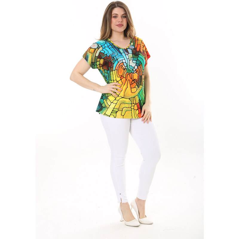 Şans Women's Plus Size Colored Stone Detailed Short Sleeve Colored Blouse