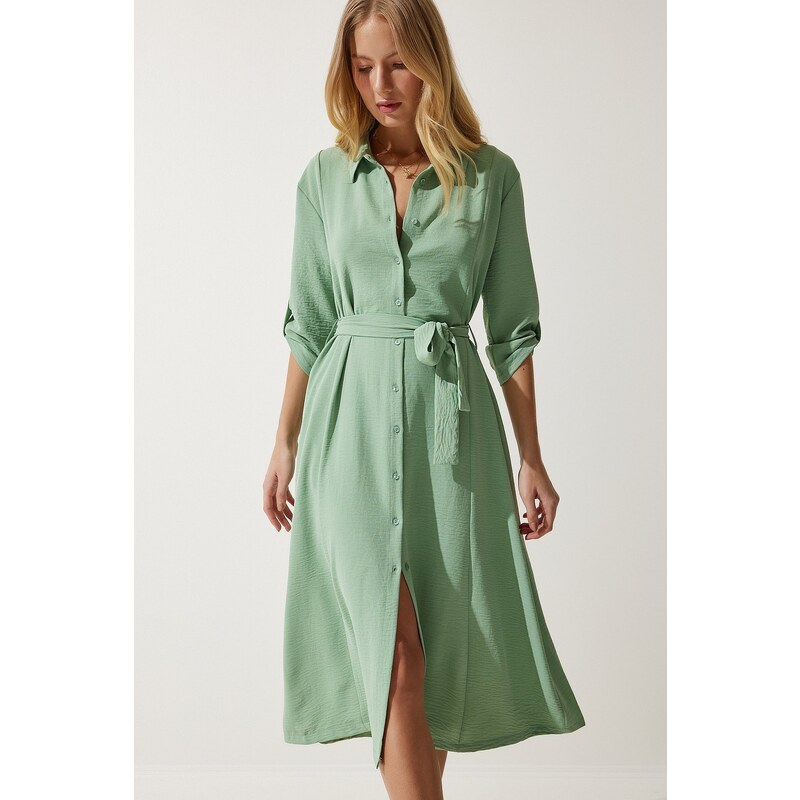 Happiness İstanbul Women's Almond Green Belted Shirt Dress