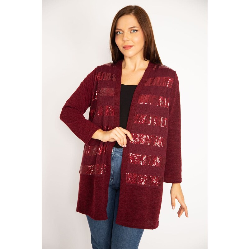 Şans Women's Plus Size Claret Red Sequin Detailed Cardigan