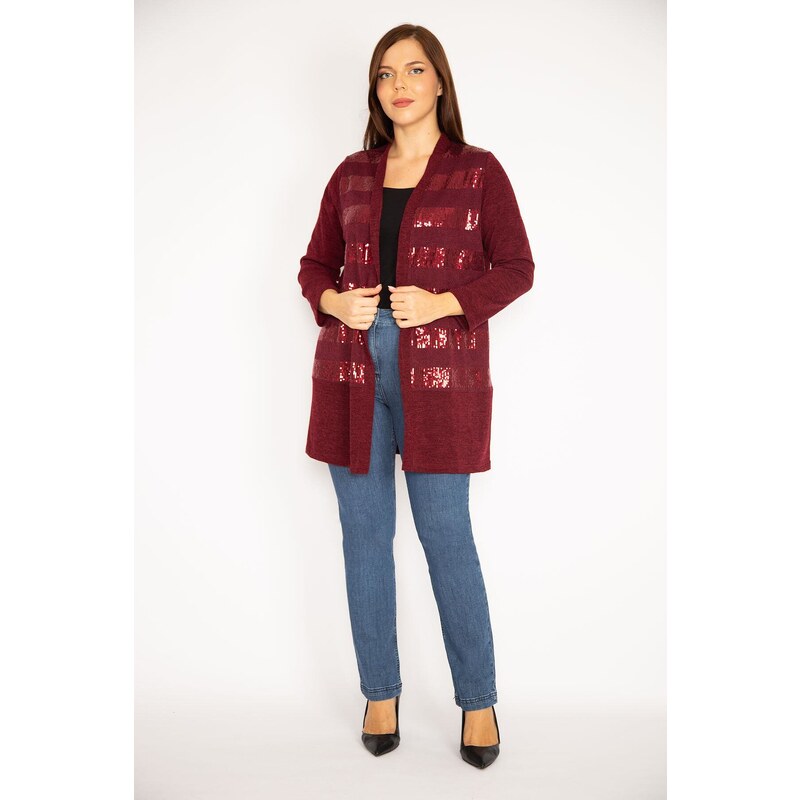 Şans Women's Plus Size Claret Red Sequin Detailed Cardigan