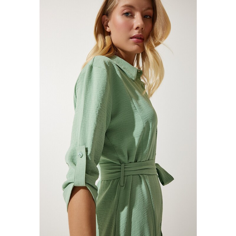 Happiness İstanbul Women's Almond Green Belted Shirt Dress