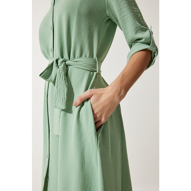 Happiness İstanbul Women's Almond Green Belted Shirt Dress