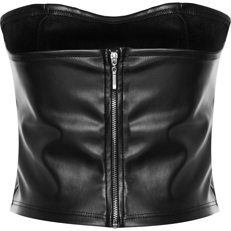 Trendyol Black Faux Leather Strapless Back Zippered Crop Bustier