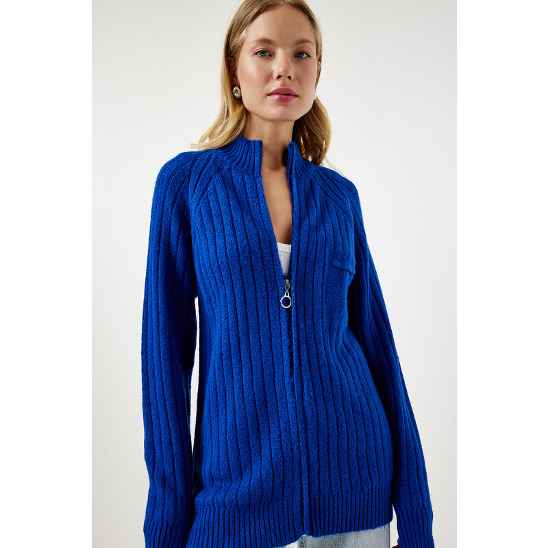 Happiness İstanbul Women's Dark Blue Zippered Knitwear Cardigan