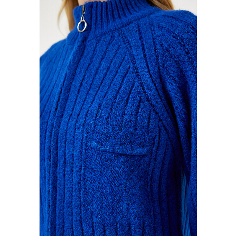 Happiness İstanbul Women's Dark Blue Zippered Knitwear Cardigan