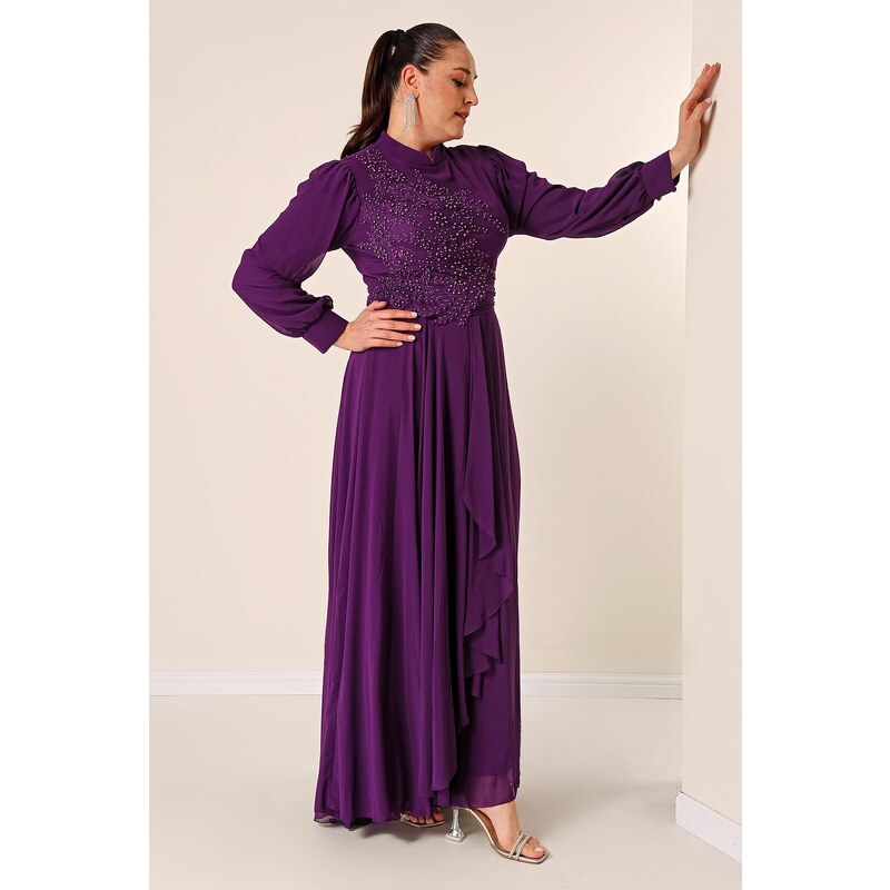 By Saygı Beaded Embroidered Lined Plus Size Long Chiffon Dress with Flounce on the Front